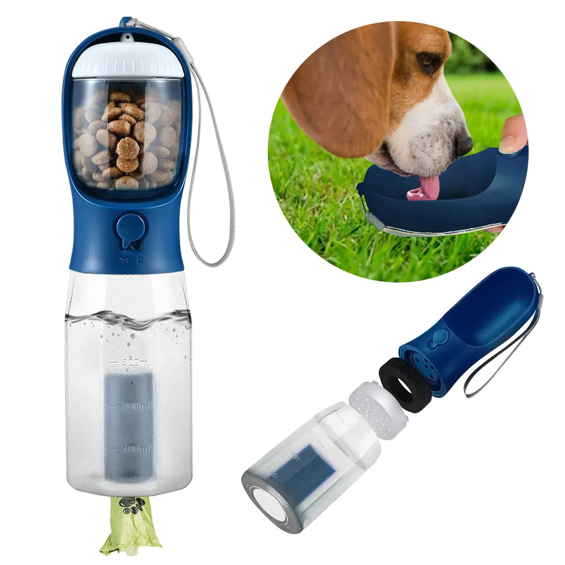 3-in-1 Portable Dog Water Bottle with Food & Waste Bag Storage