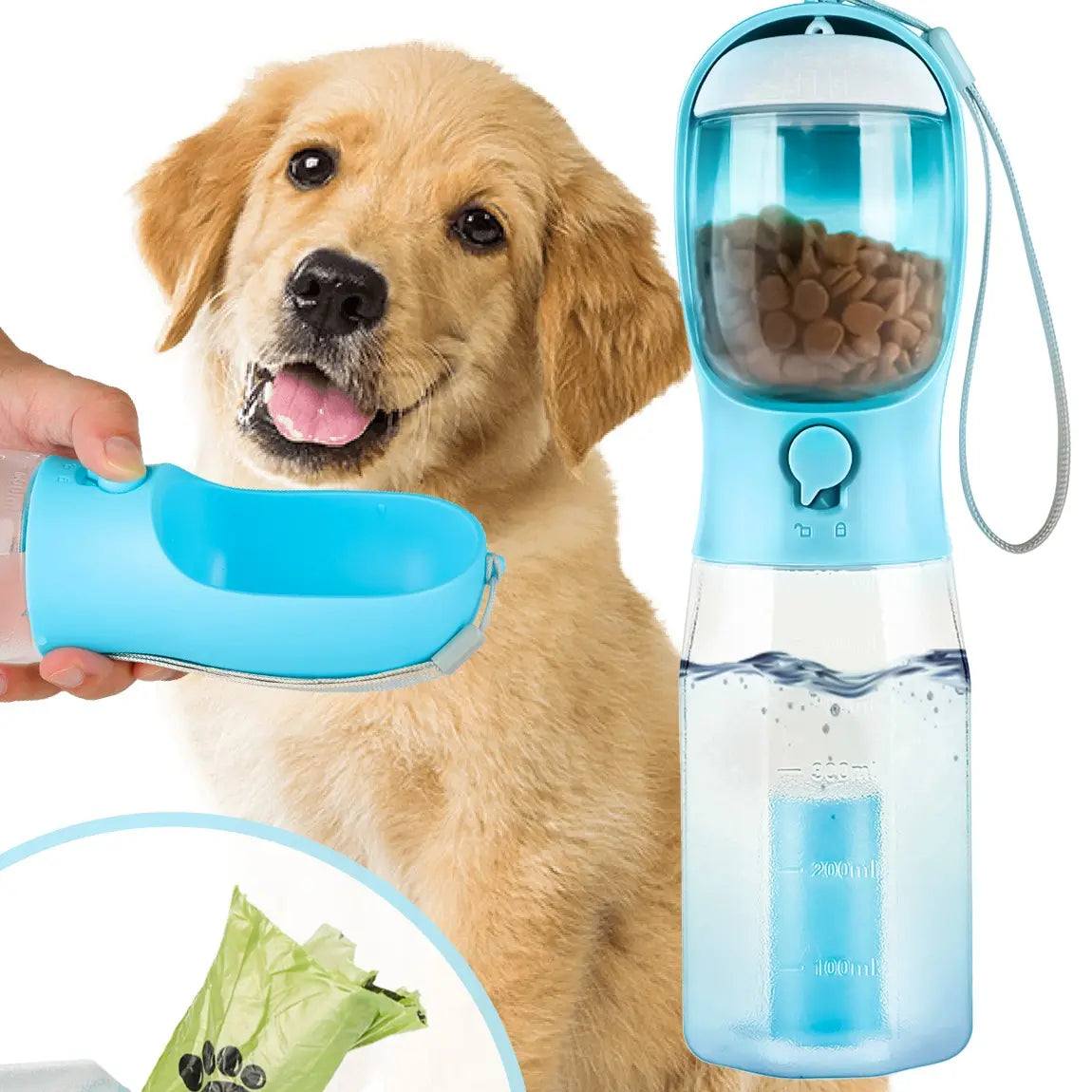 3-in-1 Portable Dog Water Bottle with Food & Waste Bag Storage