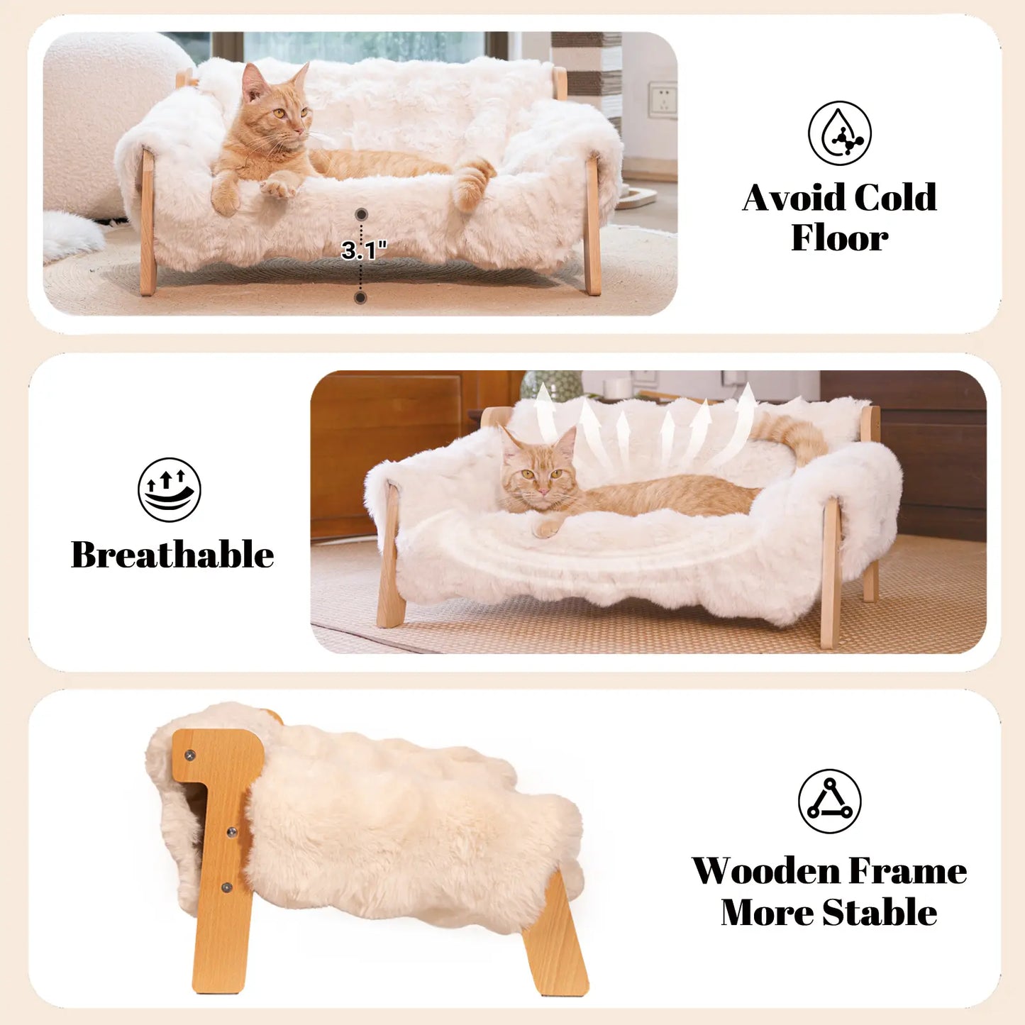 Elevated Wooden Pet Bed for Cats & Small Dogs | Washable Cushion Sofa