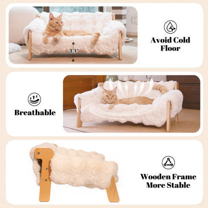Elevated Wooden Pet Bed for Cats & Small Dogs | Washable Cushion Sofa