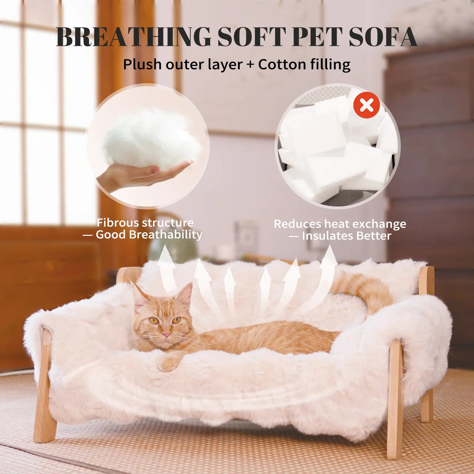 Elevated Wooden Pet Bed for Cats & Small Dogs | Washable Cushion Sofa