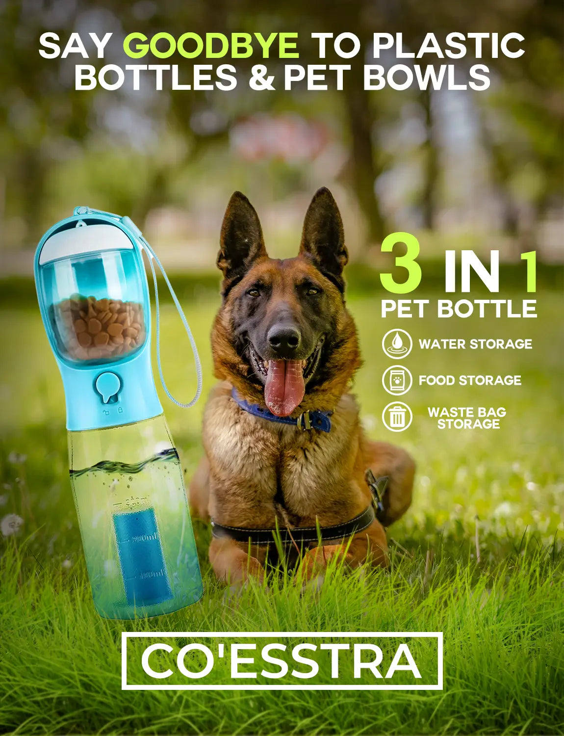 3-in-1 Portable Dog Water Bottle with Food & Waste Bag Storage