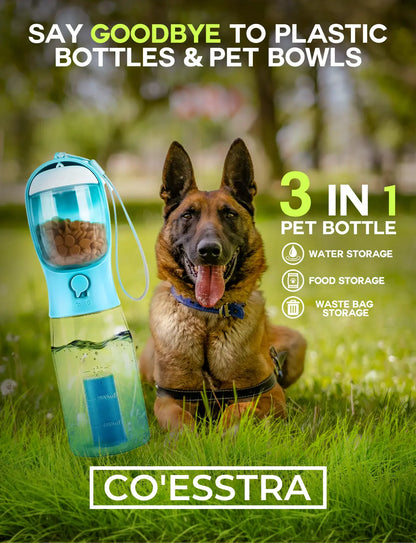 3-in-1 Portable Dog Water Bottle with Food & Waste Bag Storage