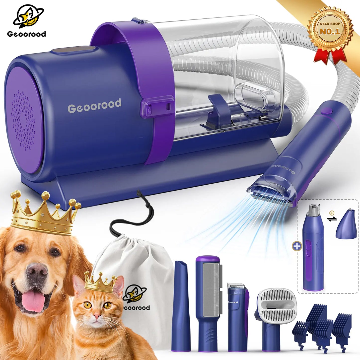 Geoorood Pet Grooming Vacuum Kit 13kPa Suction All-in-One Hair Removal System
