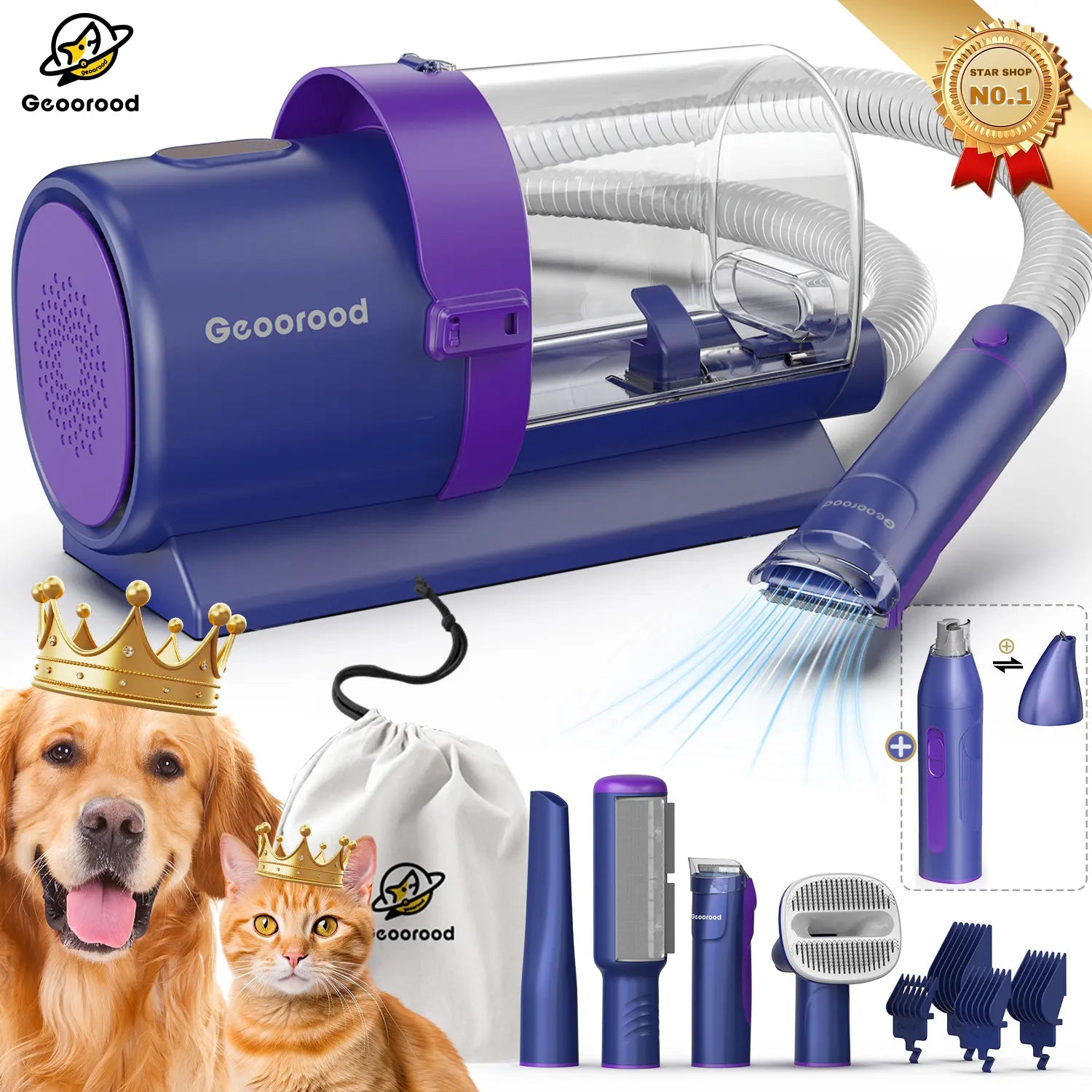 Geoorood Pet Grooming Vacuum Kit 13kPa Suction All-in-One Hair Removal System