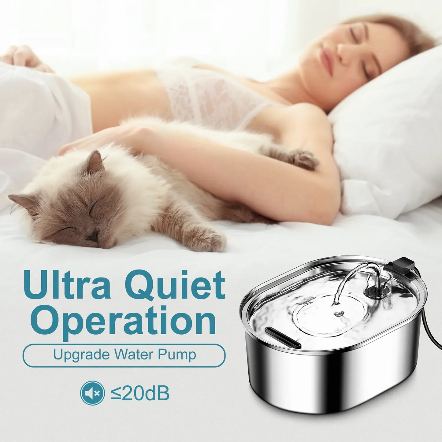 TIANSUSO Stainless Steel Cat Water Fountain 3.2L Ultra Quiet