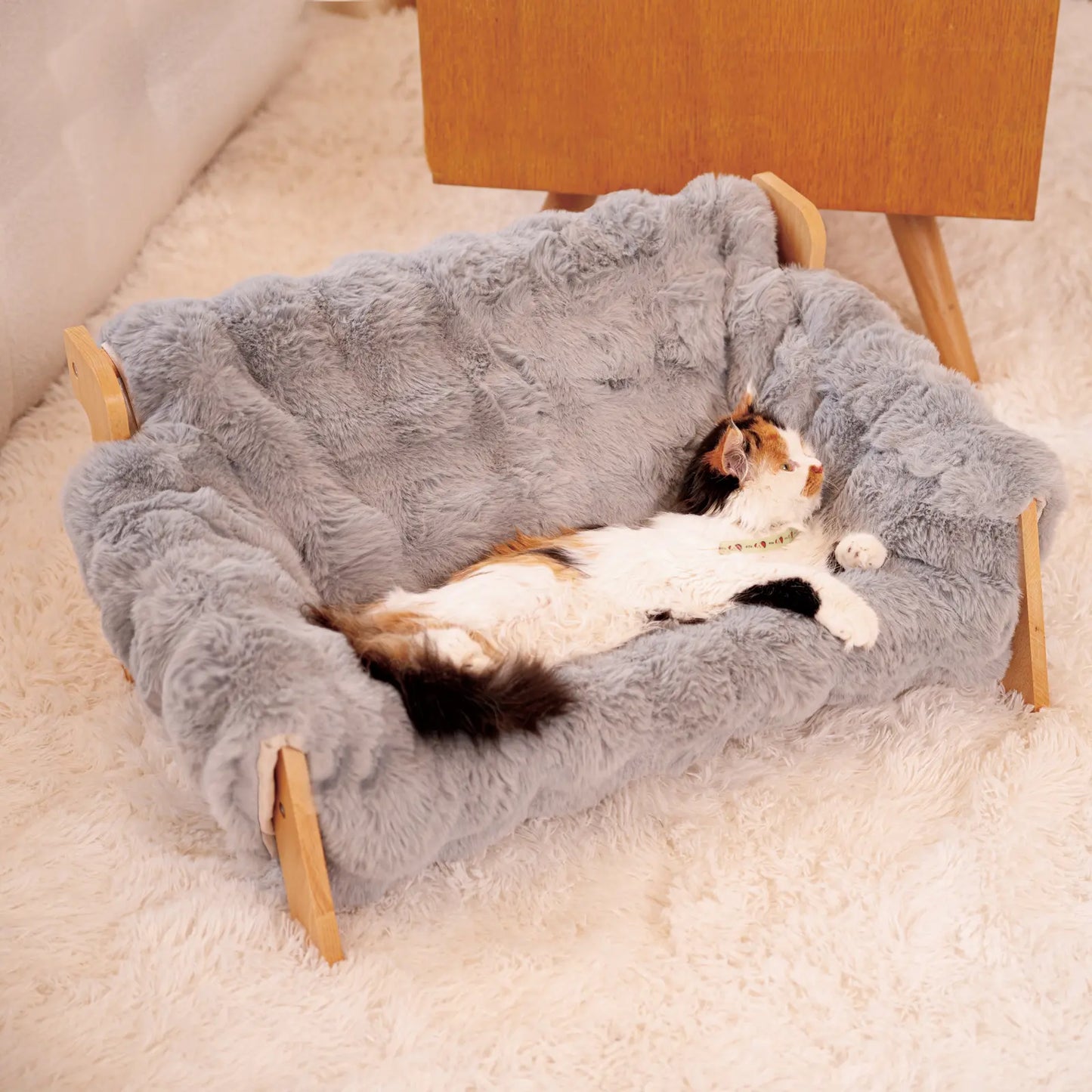 Elevated Wooden Pet Bed for Cats & Small Dogs | Washable Cushion Sofa