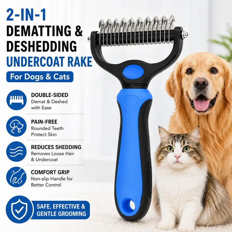 Double-Sided Pet Dematting Rake for Long Hair Dogs & Cats