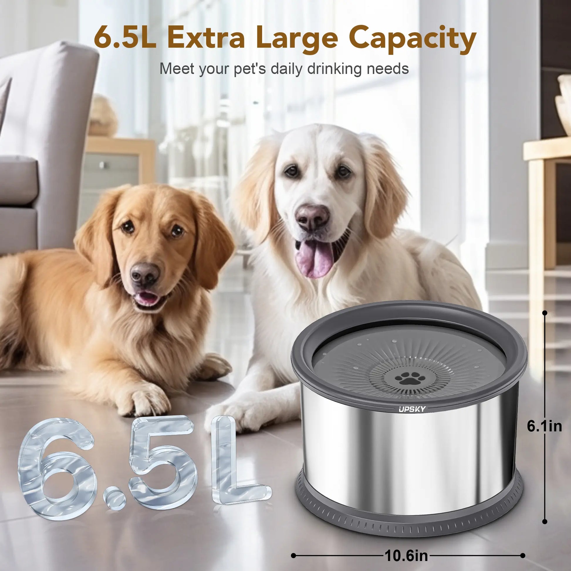 UPSKY Large Anti-Spill Slow Drinking Dog Water Bowl 6.5L