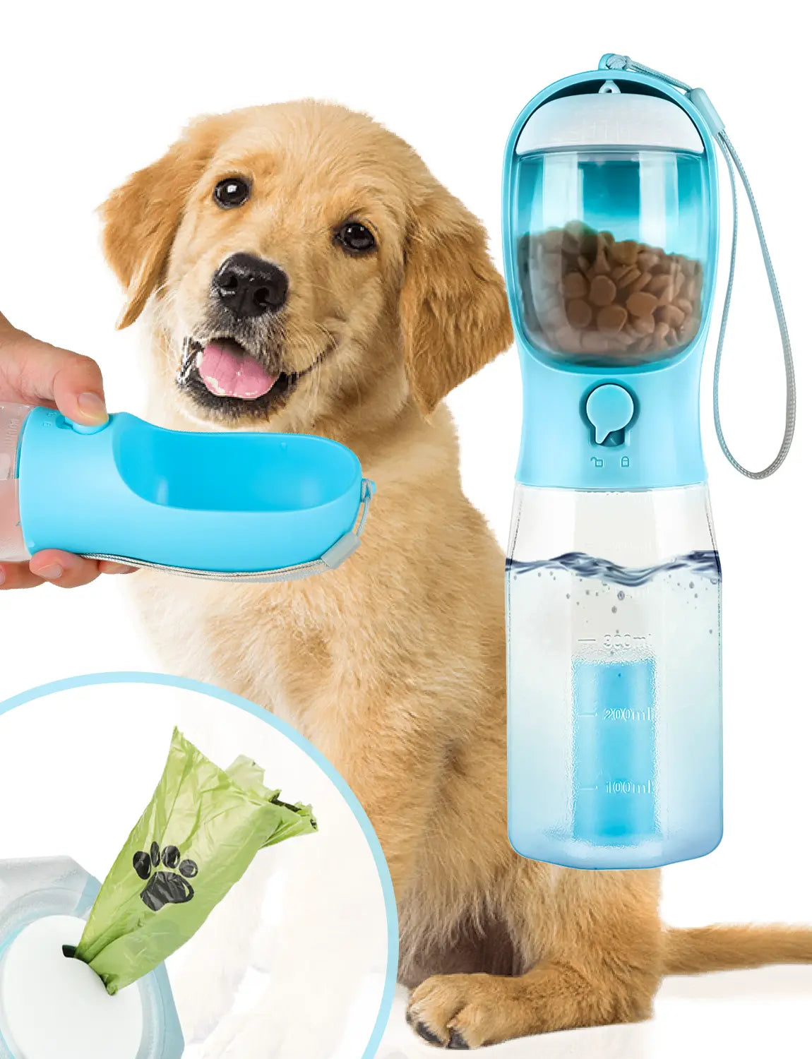 3-in-1 Portable Dog Water Bottle with Food & Waste Bag Storage