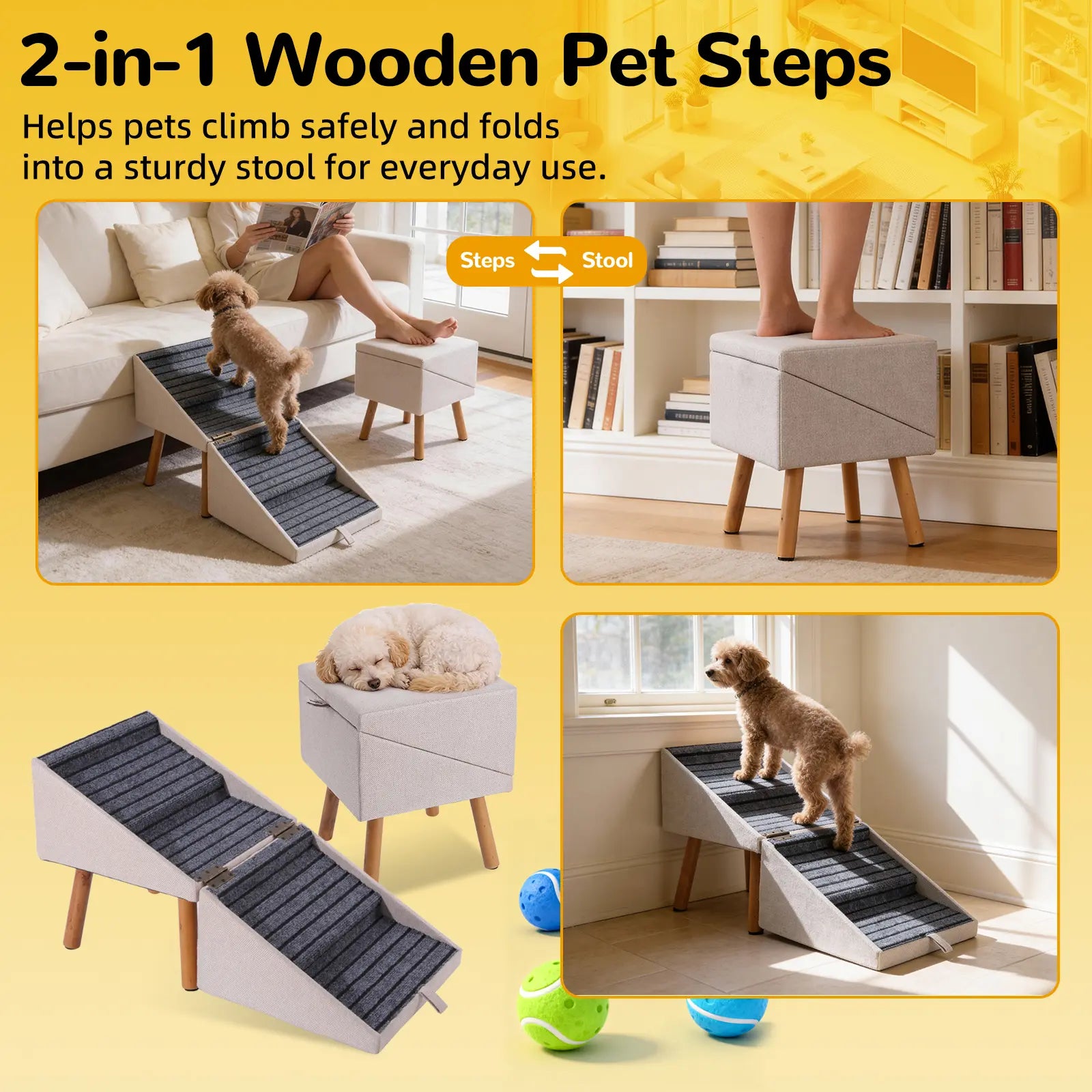 Wooden Dog Ramp Ottoman 2-in-1 Sofa Step for Pets