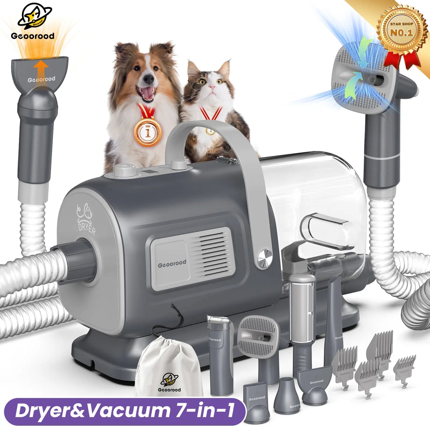 Geoorood Pet Grooming Vacuum Kit 13kPa Suction All-in-One Hair Removal System
