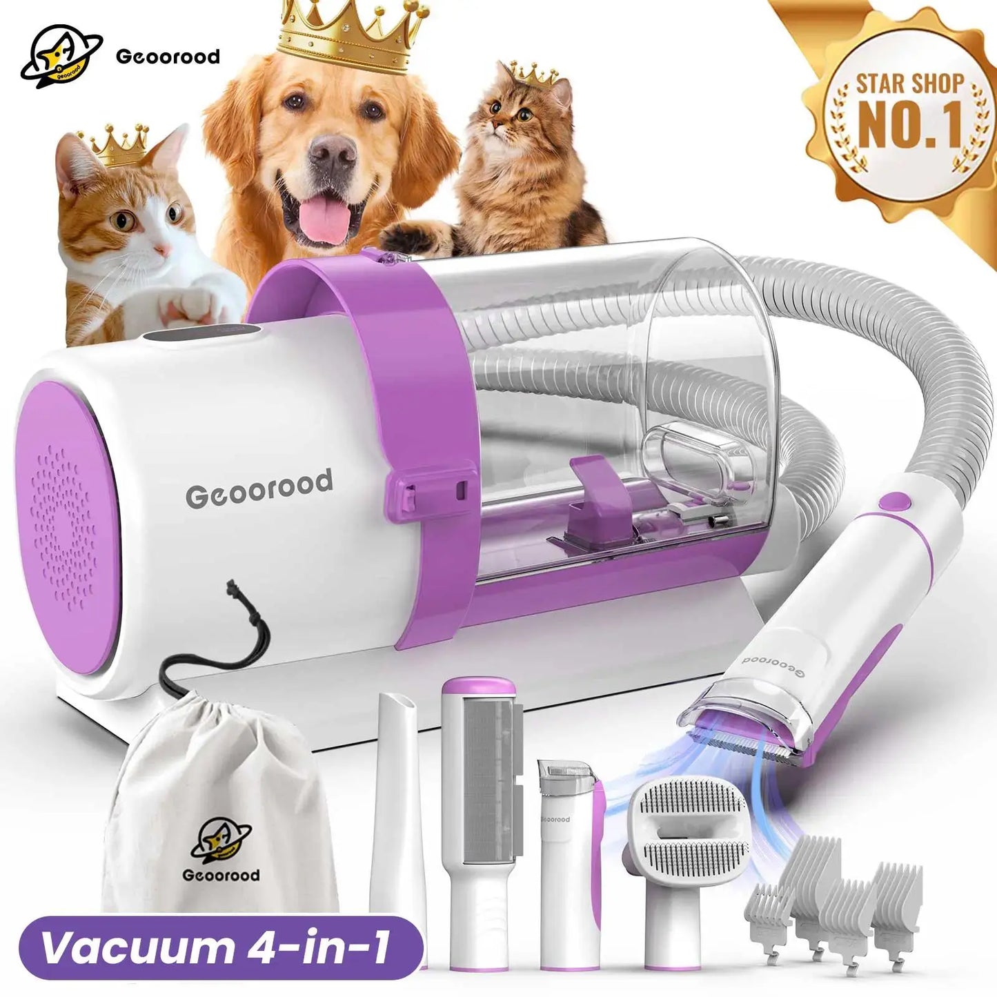 Geoorood Pet Grooming Vacuum Kit 13kPa Suction All-in-One Hair Removal System