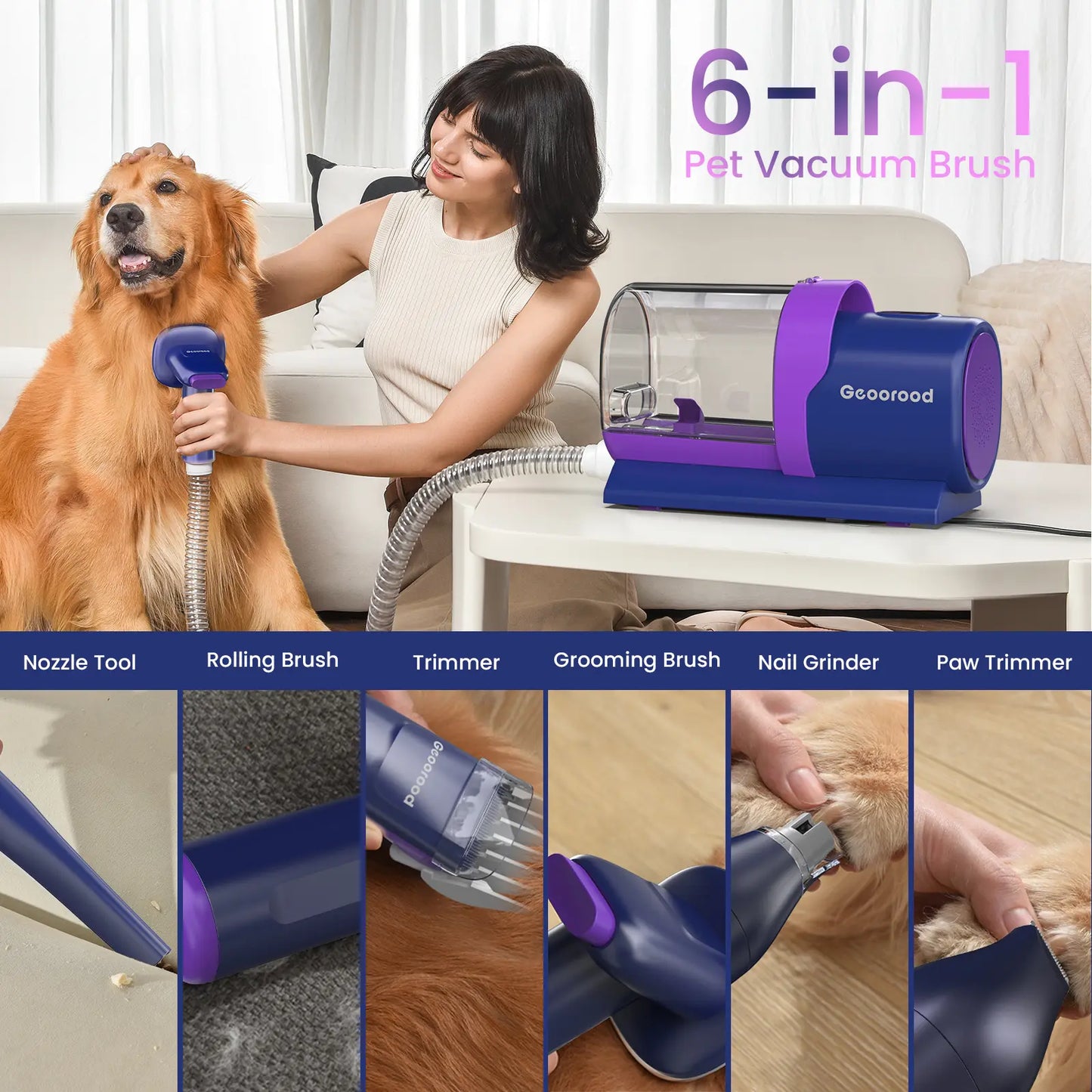 Geoorood Pet Grooming Vacuum Kit 13kPa Suction All-in-One Hair Removal System
