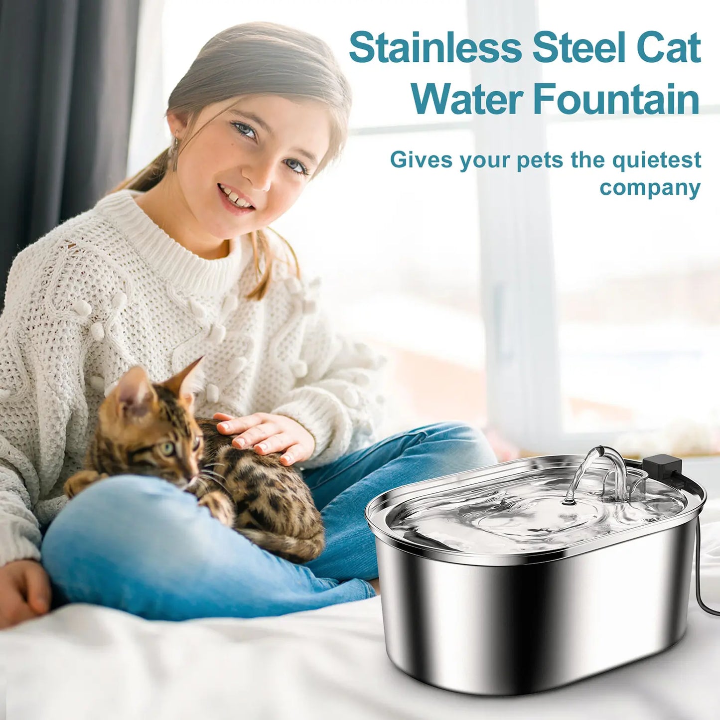 TIANSUSO Stainless Steel Cat Water Fountain 3.2L Ultra Quiet