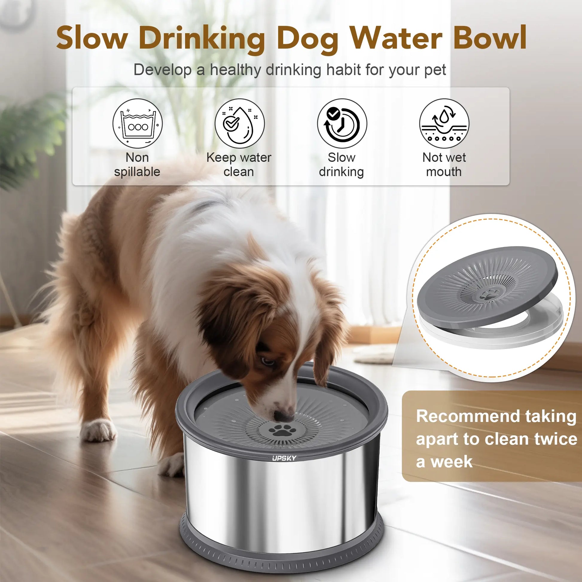 UPSKY Large Anti-Spill Slow Drinking Dog Water Bowl 6.5L