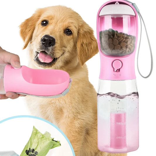3-in-1 Portable Dog Water Bottle with Food & Waste Bag Storage