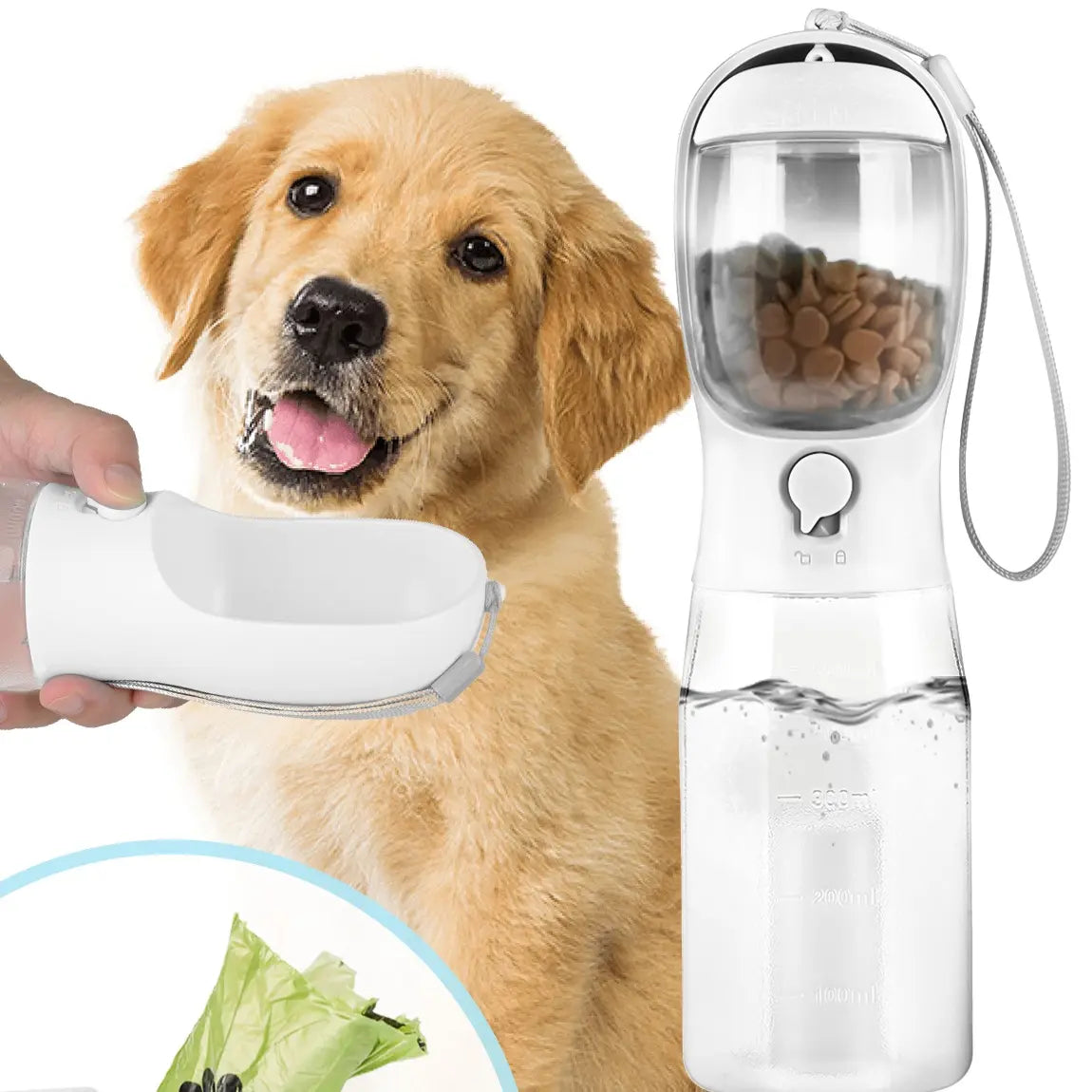 3-in-1 Portable Dog Water Bottle with Food & Waste Bag Storage